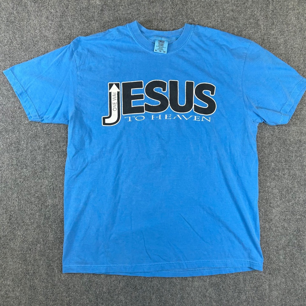 Comfort Colors Jesus To Heaven One Way Blue Graphic T-Shirt Mens XL Heavyweight